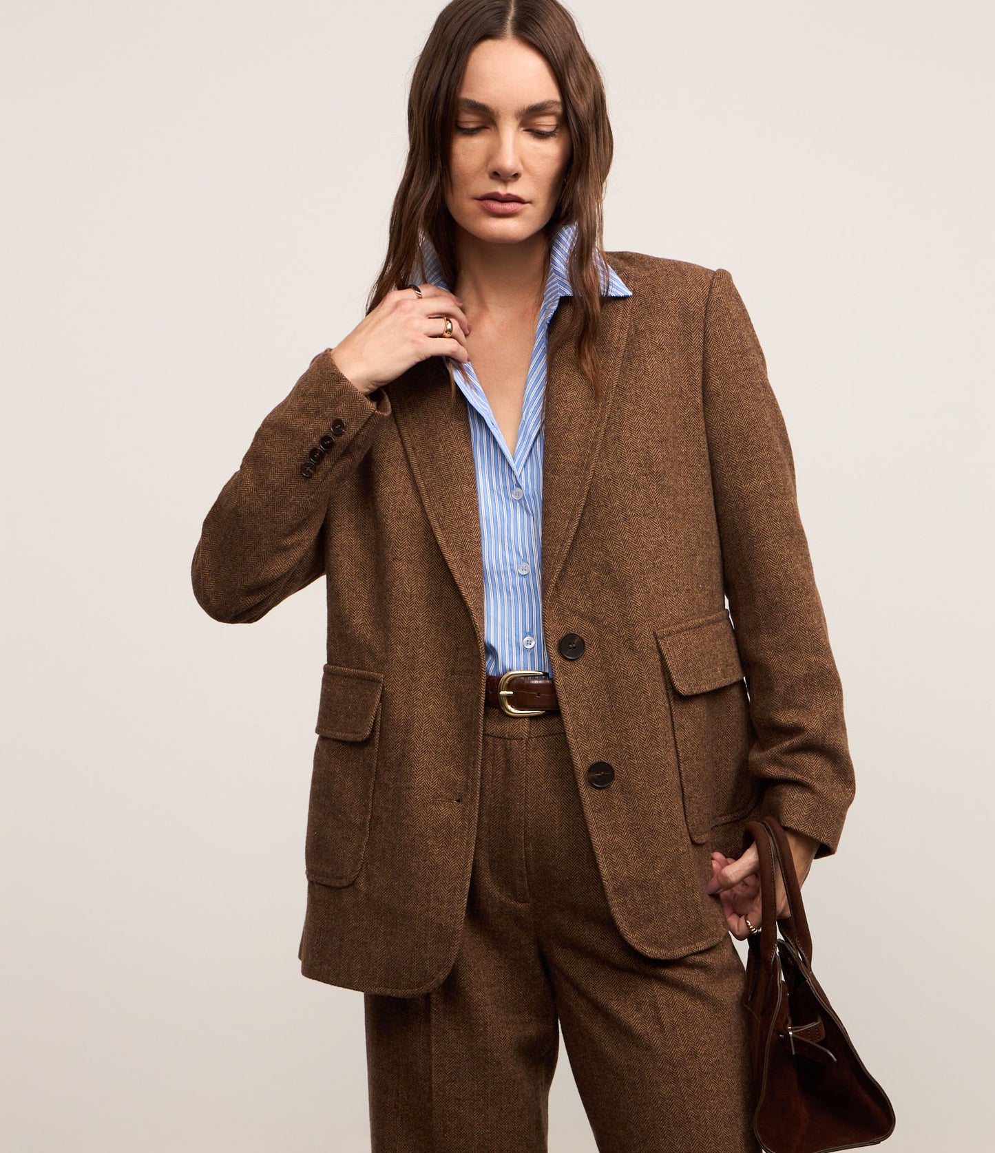 Warm Polivelour Blazer with Pockets and Brown Herringbone Pattern