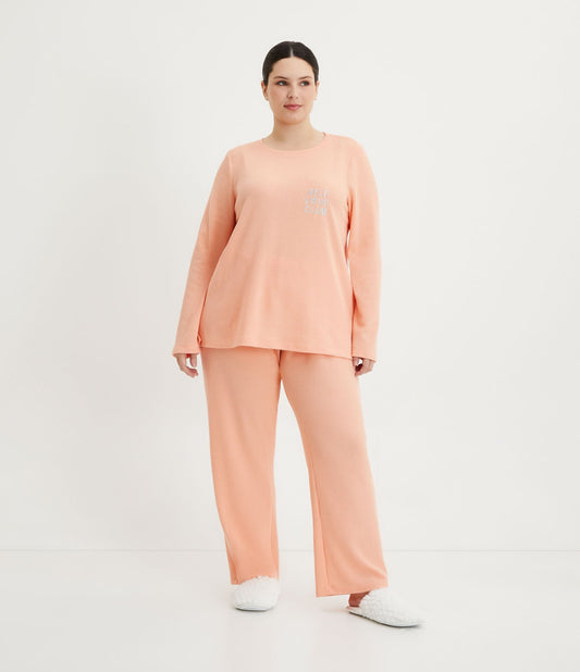 Pijama longo de malha texturizada com detalhes bordados, Curve & Plus Size, laranja