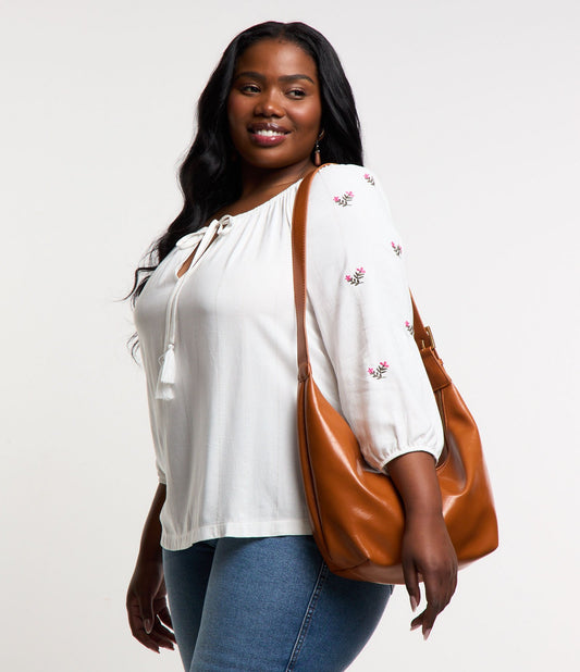 Blusa de viscose com bordado floral nas mangas, Curve & Plus Size, Off White