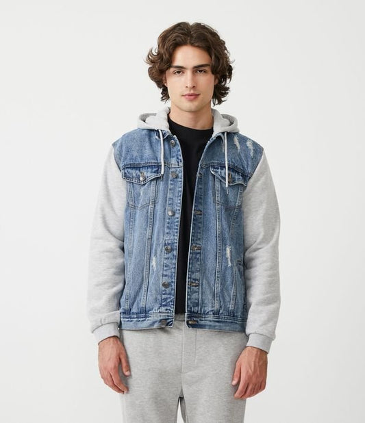 Giacca di jeans basic con cappuccio blu/grigio e maniche in felpa