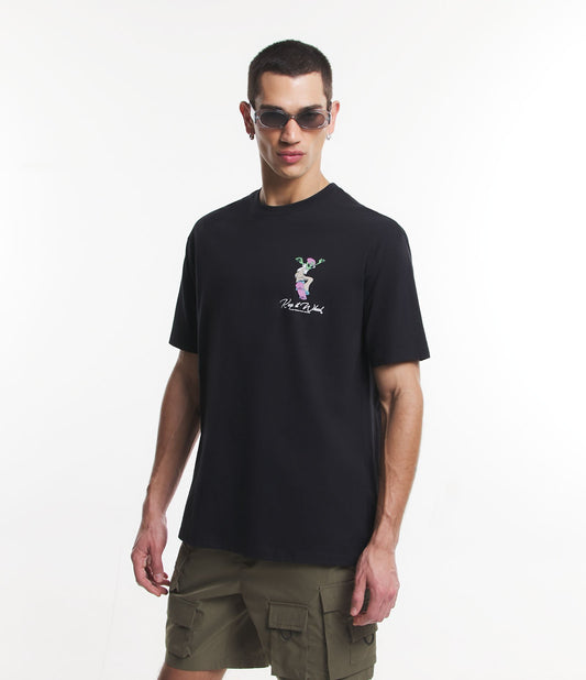 Camiseta de ajuste descontraído em meia malha com estampa de skatista preta