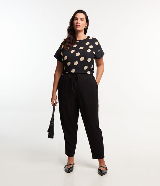 Pantalón fluido con elástico y lazo, Curvas y tallas grandes, Negro