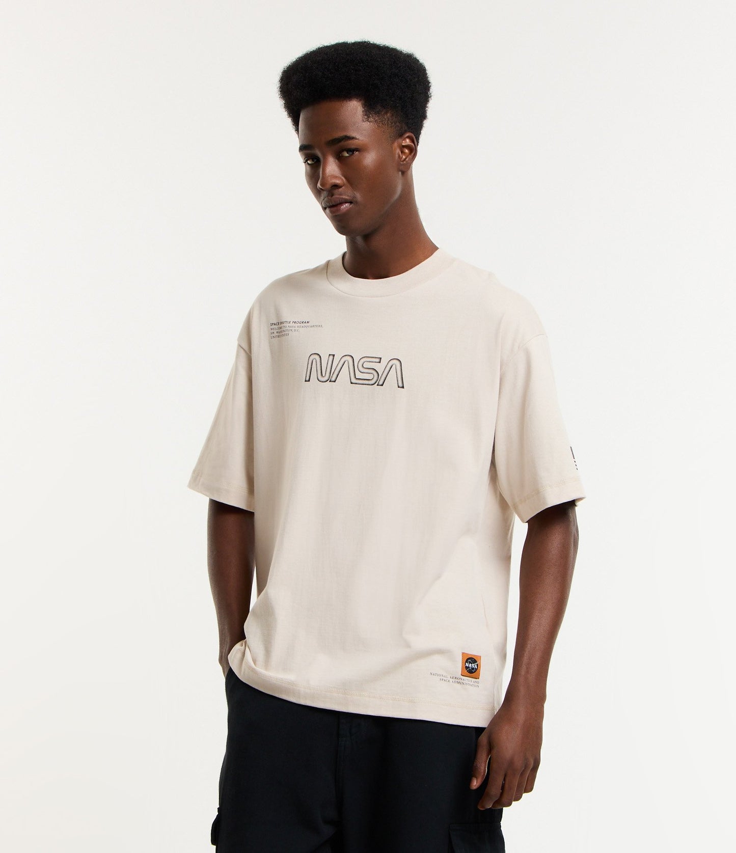 Maglietta in cotone beige con stampa NASA