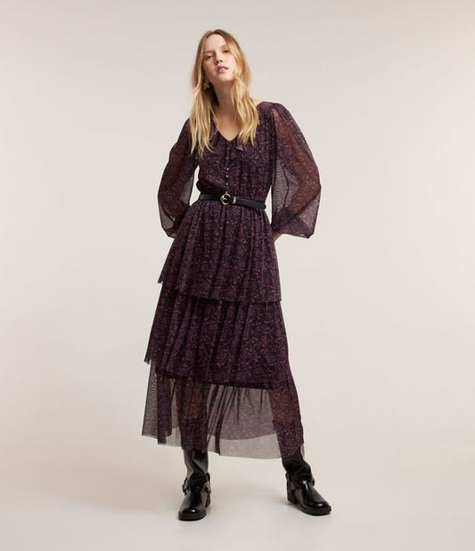 Vestito midi in tulle con volant e stampa floreale nero/viola