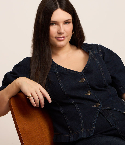 Camicia in denim ammorbidito con scollo a V, Curve e taglie forti, blu