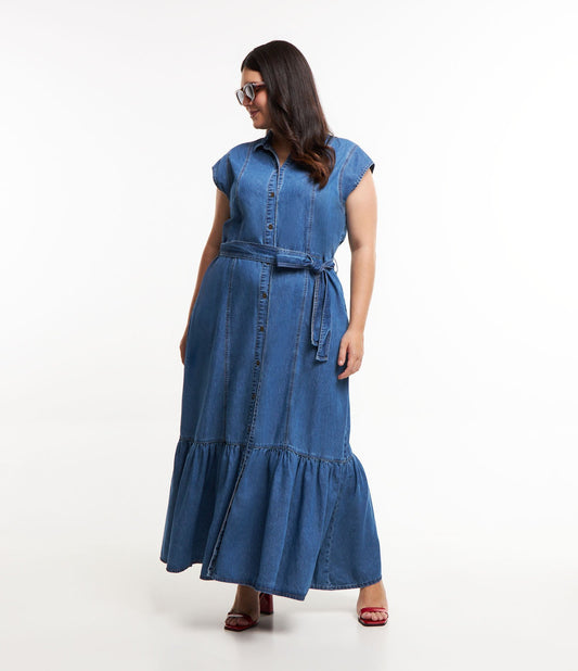 Vestido vaquero midi sin mangas con botones, Curvas y tallas grandes, Azul