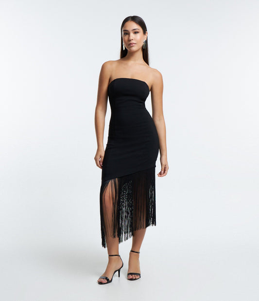 Vestido Midi Negro Asimétrico en Bengalina con Dobladillo de Flecos