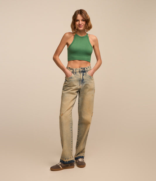Jeans Straight-Leg com lavagem desgastada e bainha sem acabamento em azul