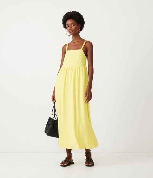 New Yellow Midi Sleeveless Dress with Polka Dot Straps and Bust Cutout (Novo vestido midi amarelo sem mangas com alças de bolinhas e recorte no busto)