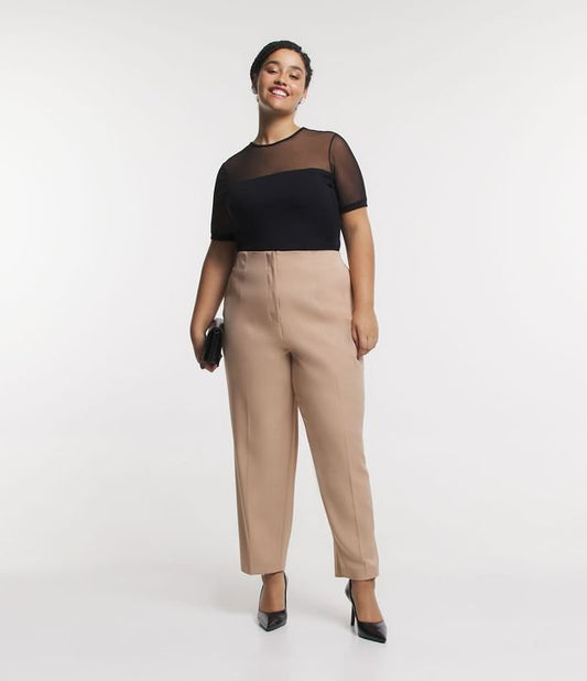 Tailored Carrot Pants with Elastic Back Waistband, Curve & Plus Size, Beige