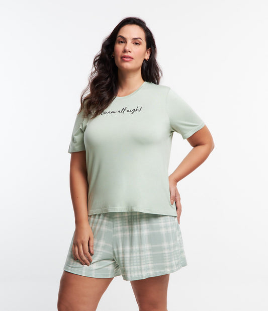 Pijama corto de viscosa verde a cuadros - Tallas Curvas y Grandes