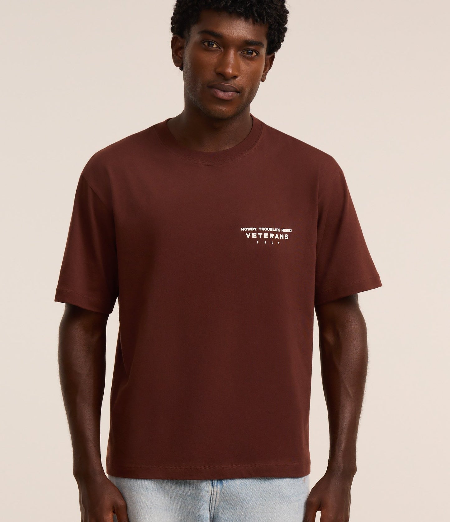 Brown Boxy Cotton T-Shirt with Embroidered Rodeo Rebels Design
