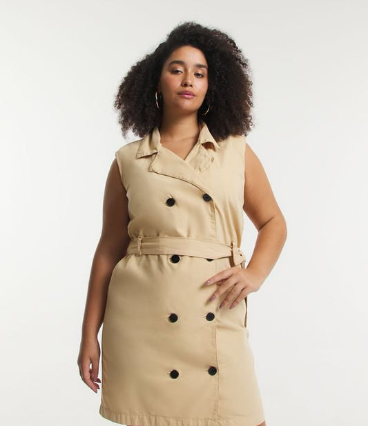 Vestido Trenca Beige en Sarga con Botones Delanteros - Tallas Grandes y Curvas