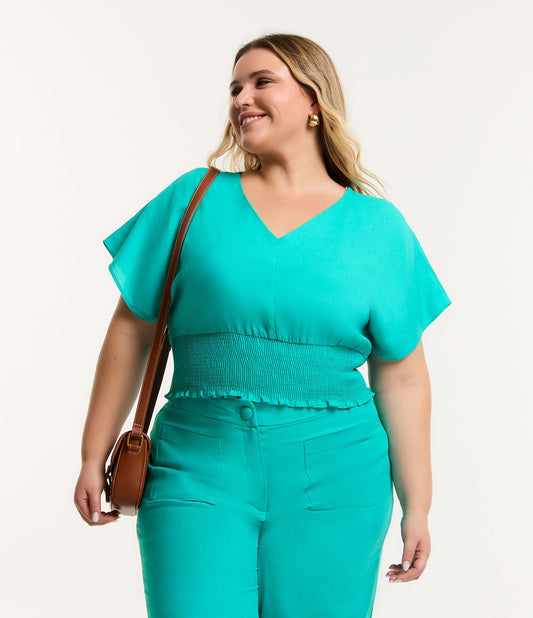 Camicetta verde turchese con scollo a V in misto lino e vita smocked - Curve e taglie forti