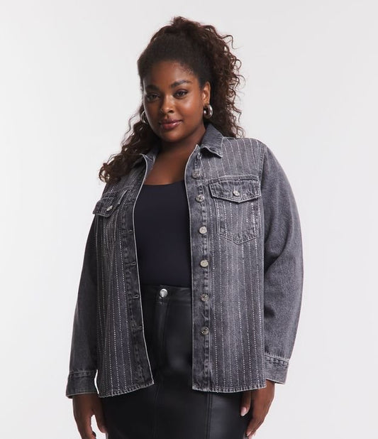Giacca di jeans oversize a righe con strass, Curve e taglie forti, grigio