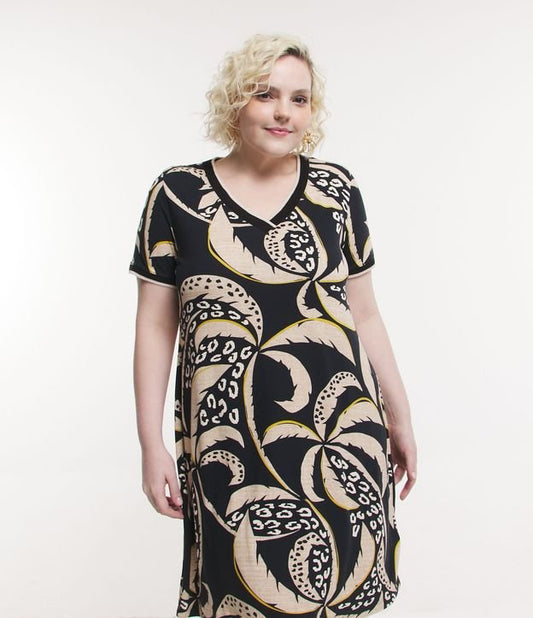 Vestido Corto de Viscosa con Estampado de Leopardo y Palmera, Tallas Curvas y Grandes, Negro/Beige