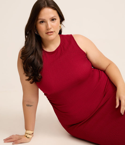 New Midi Dress with Round Neck and Ruched Design, Curve & Plus Size, Red