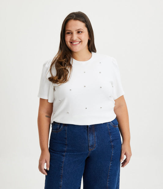 Blusa em suedine com mangas bufantes e bolinhas aplicadas, Curve & Plus Size, Branca de Neve