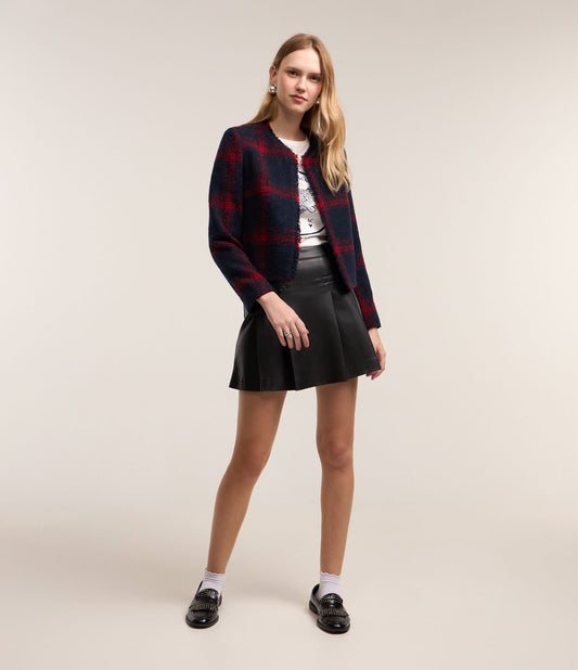 Saia curta preta de PU com laços de cinto e pregas