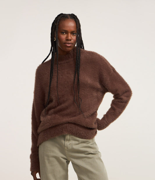 Slim Long Knit Sweater with Brown Fuzzy Details