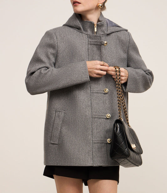 Cappotto grigio in Polyvelour con cappuccio e chiusura a doppiopetto