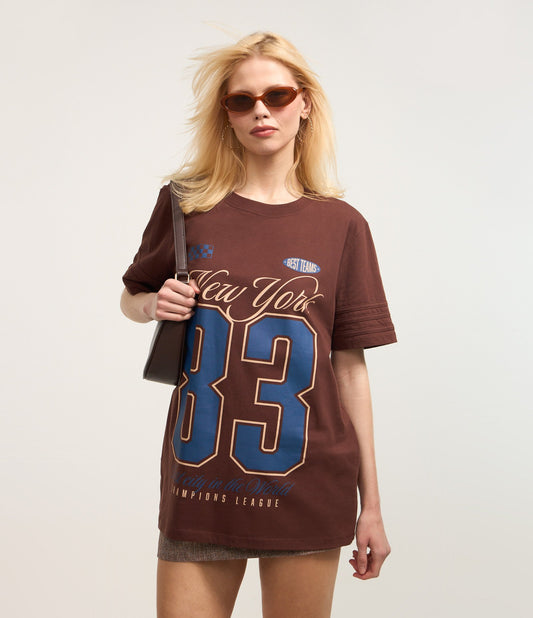 Extended Cotton T-Shirt with New York 83 Print in Brown