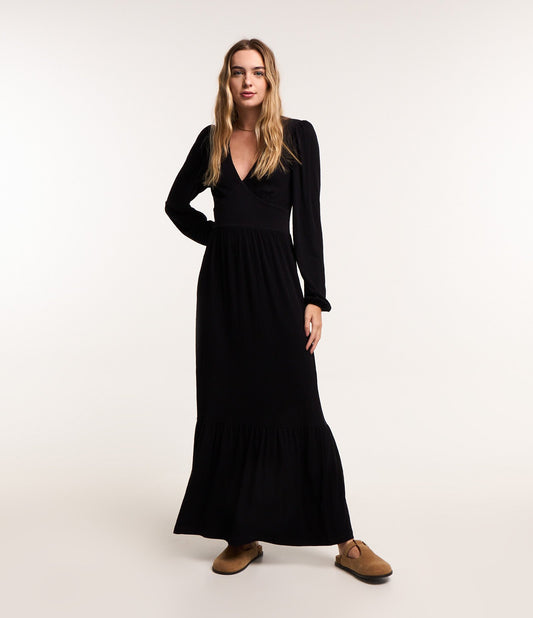 Nuevo Vestido Midi Negro de Punto Texturado con Mangas Abullonadas