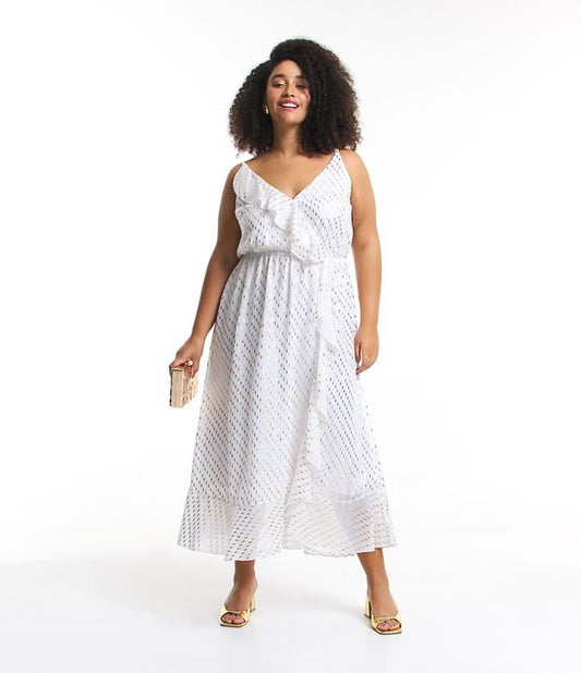 Vestido blanco midi de gasa con volantes y estampado metálico - Tallas grandes y curvas