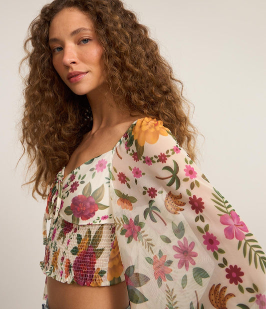 Blusa de tul con lazo en el escote, estampado floral y dobladillo fruncido multicolor