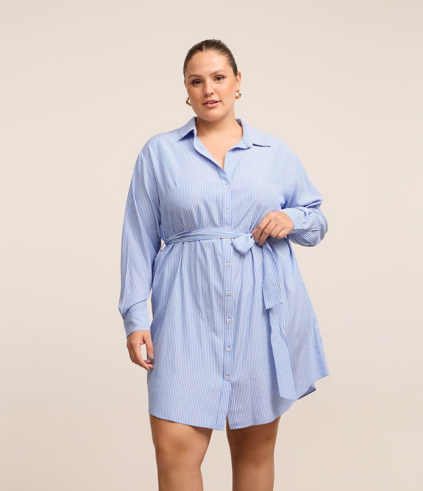 Vestido Tricoline com camisa e gravata, Curve e Plus Size, azul