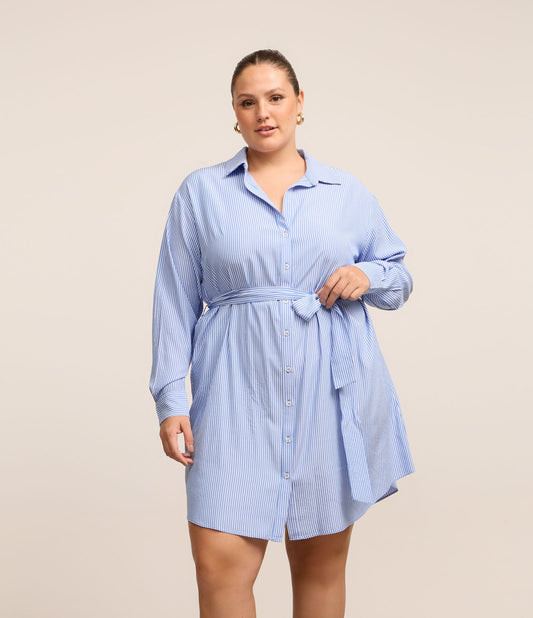 Vestido camisero Tricoline con corbata, Curvas y tallas grandes, Azul