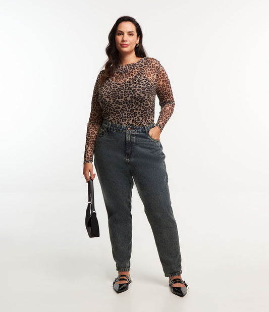 Jeans Mom com punhos enrolados, Dirty Washed, Curve e Plus Size, azul acinzentado