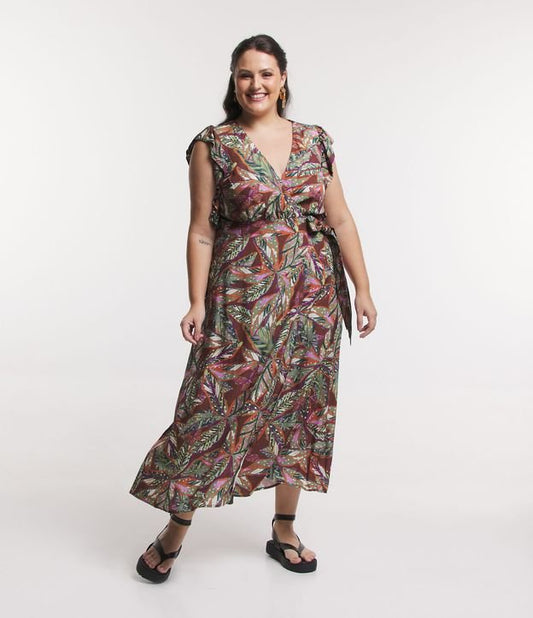 Curve & Plus Size Vestido Midi Multicolor con Volantes y Estampado de Hojas