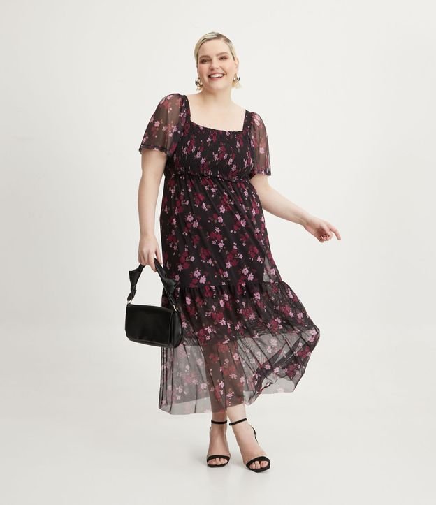 Vestito midi in tulle con scollo quadrato e stampa floreale, taglie forti e taglie forti, nero/rosa