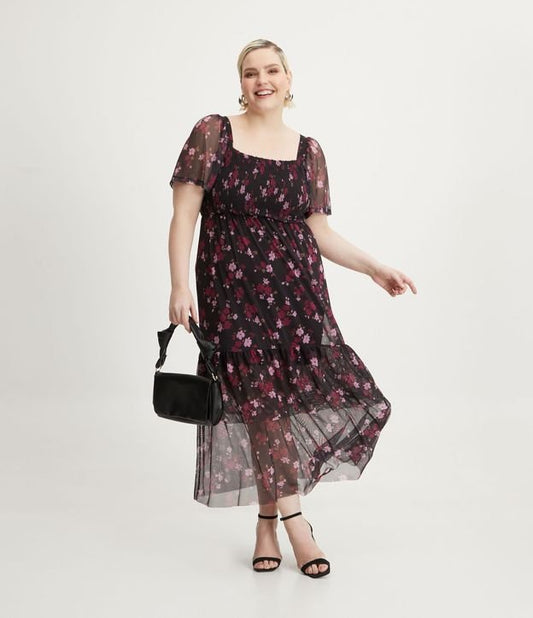 Vestito midi in tulle con scollo quadrato e stampa floreale, taglie forti e taglie forti, nero/rosa