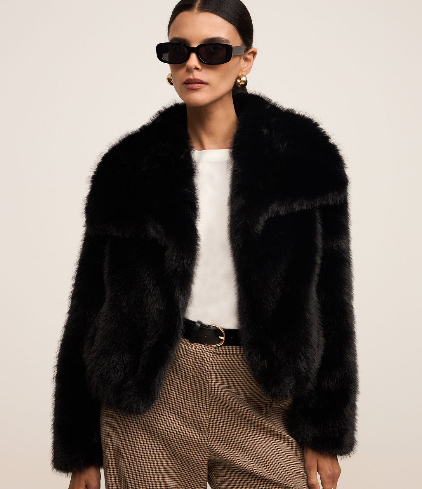 Black Coat with Lapel Collar and Faux Fur