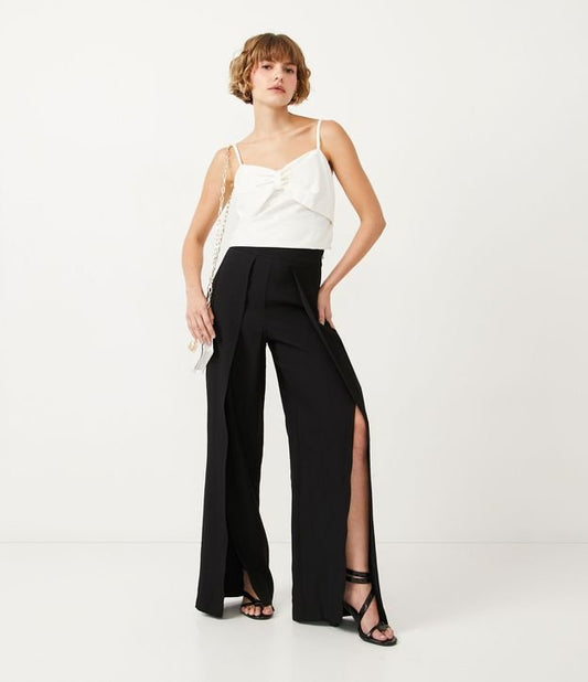 Calça de viscose de perna larga com detalhe frontal em preto