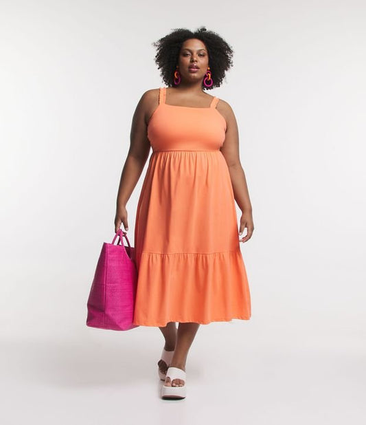 Vestido midi de punto con tiras texturizadas, Curvas y tallas grandes, Naranja coral
