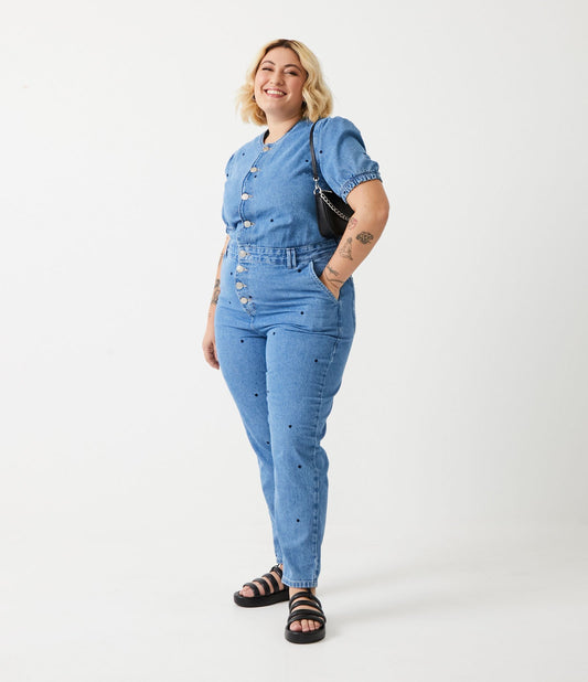 Tuta lunga in denim con pois ricamati - Curve e taglie forti - Blu
