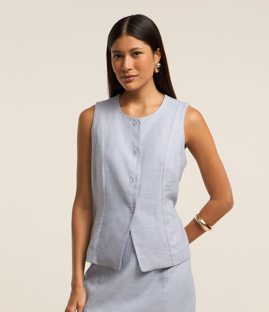 Colete Azul Regular com Viscose e Linho e Decote Redondo