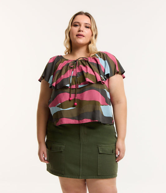 Blusa de viscose sem ombros com detalhes em babados - Curve & Plus Size, Multicolor
