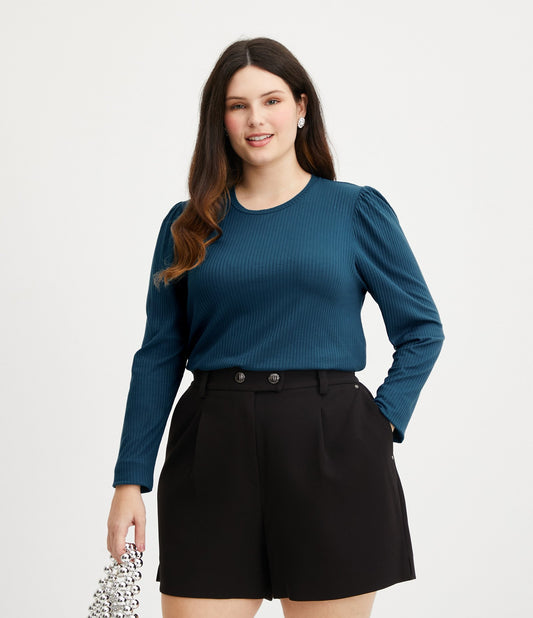 Blusa azul de manga longa com nervuras - Curve & Plus Size