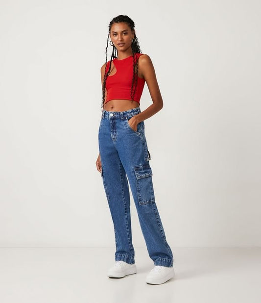 Jeans de cintura alta com bolsos nas pernas retas Cargo em azul