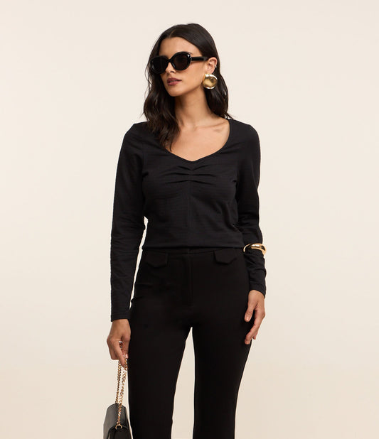 Black Cotton Blouse with Gathered Neckline
