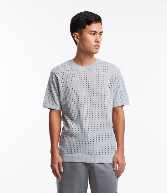 Camiseta de malha regular com costura texturizada em cinza