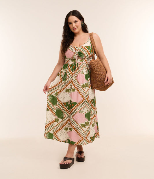 Vestido largo de viscosa con estampado de pañuelo, Curvas y tallas grandes, Multicolor