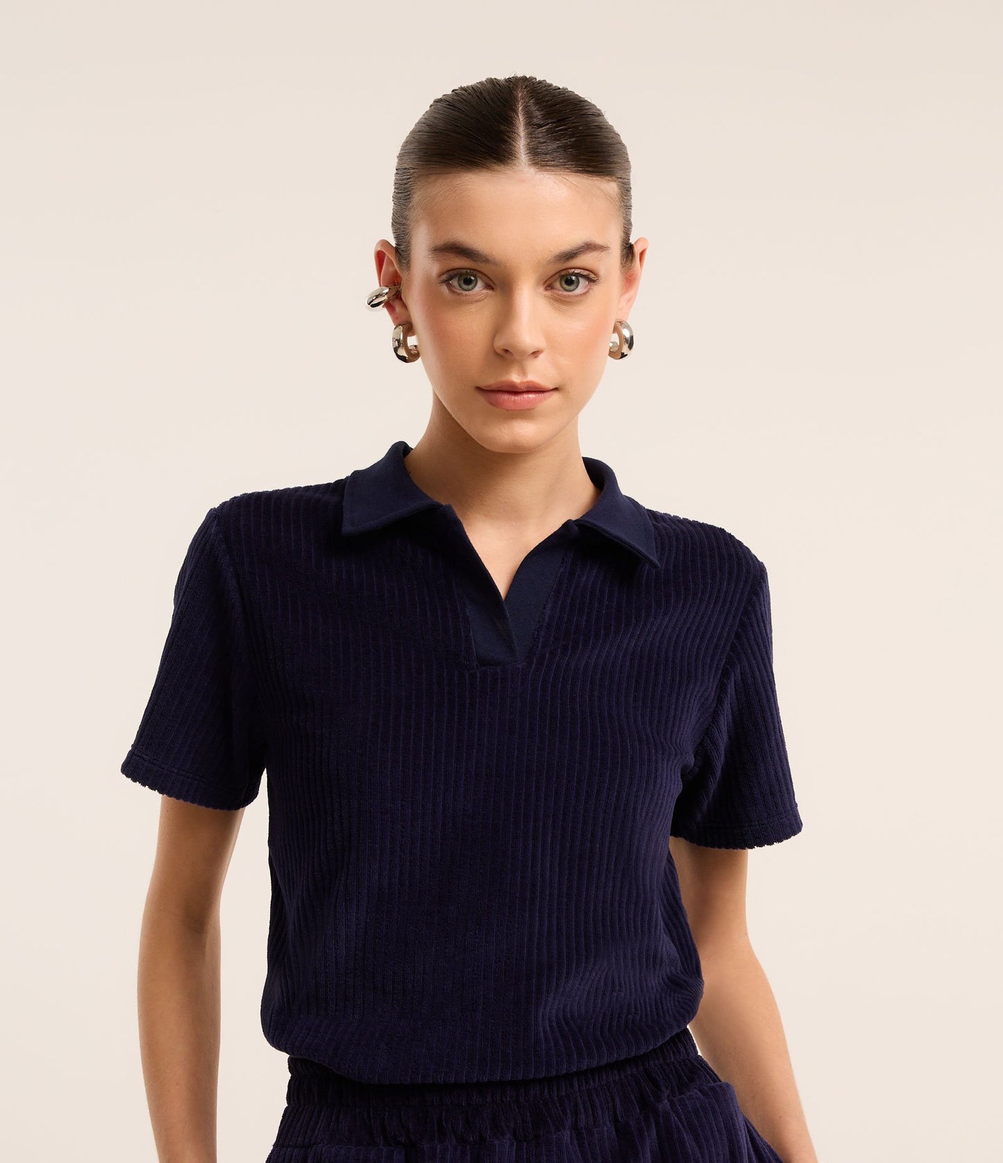 Ribbed Cotton Polo Collar Blouse in Navy Blue