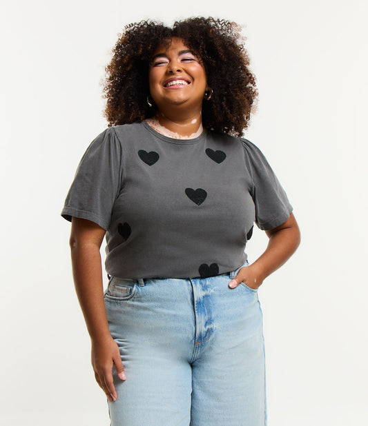 Blusa de algodão com corações de contas, Curve & Plus Size, Washed Black