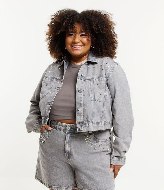 Jaqueta jeans cortada com brilho, Curve & Plus Size, cinza