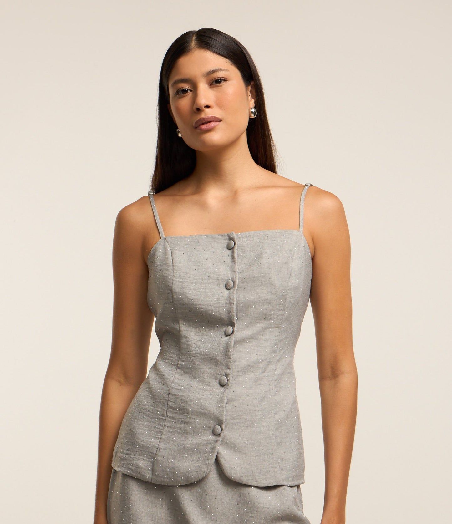 Gray Tailored Spaghetti Strap Blouse with Buttons and Sparkles